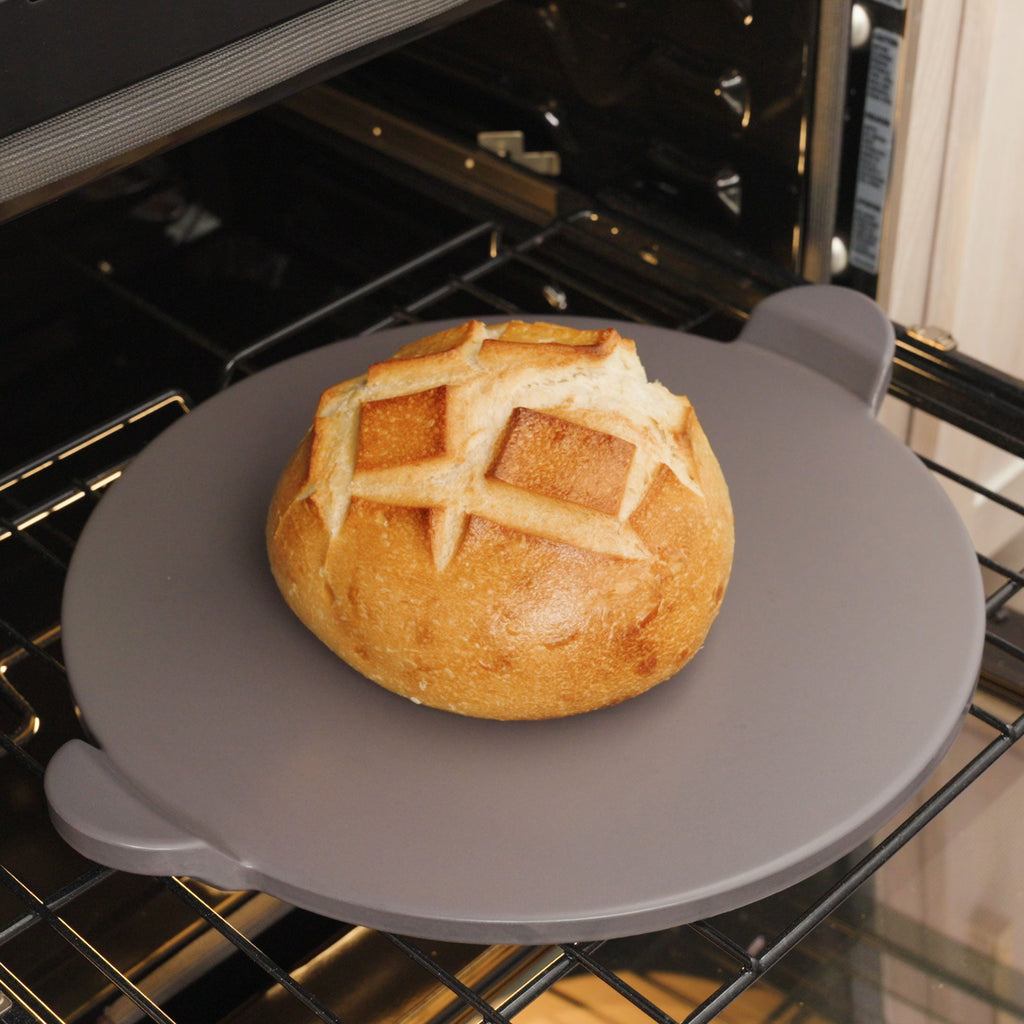 Glazed Round Pizza Stone with Handles, 15-Inch, Grey