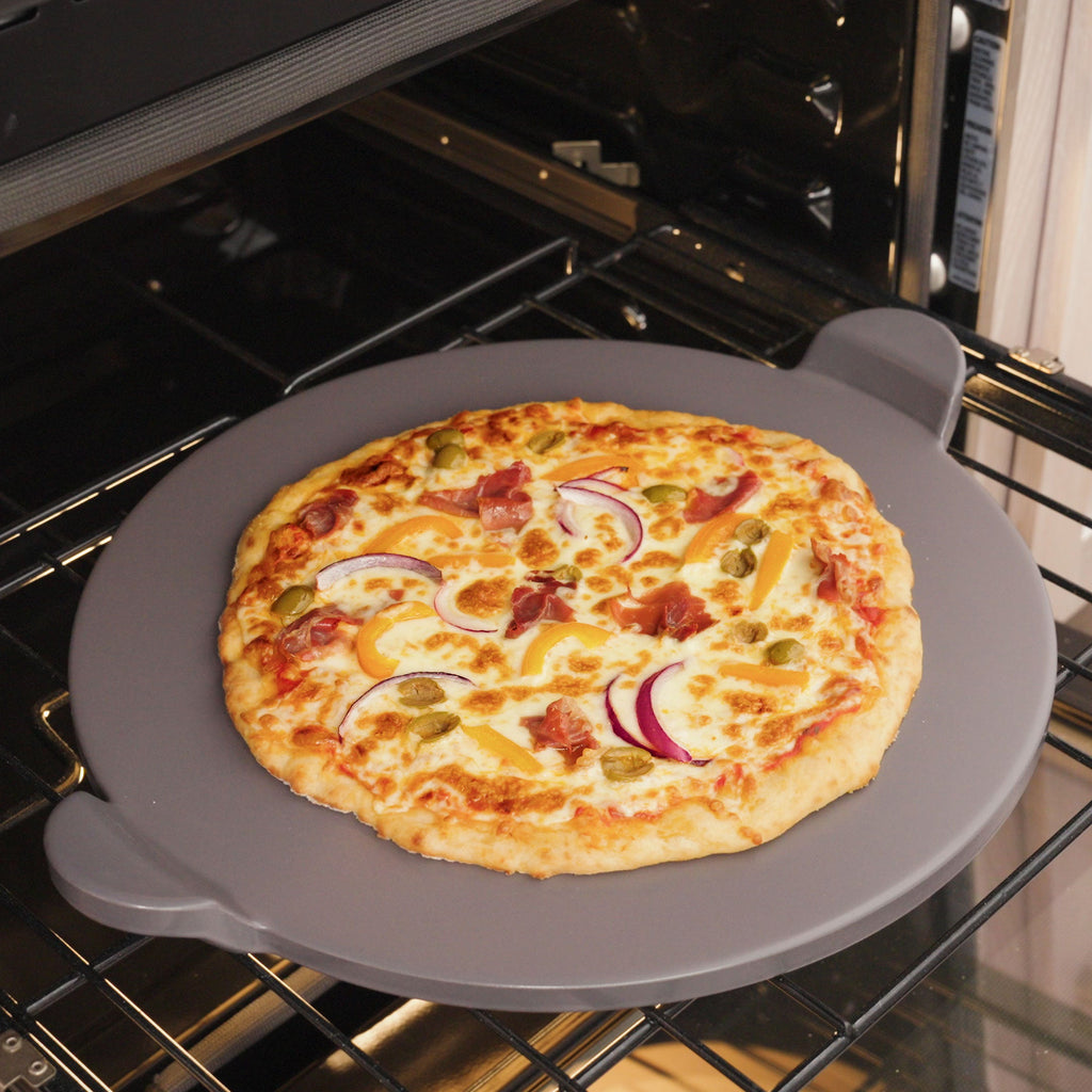 Glazed Round Pizza Stone with Handles, 15-Inch, Grey