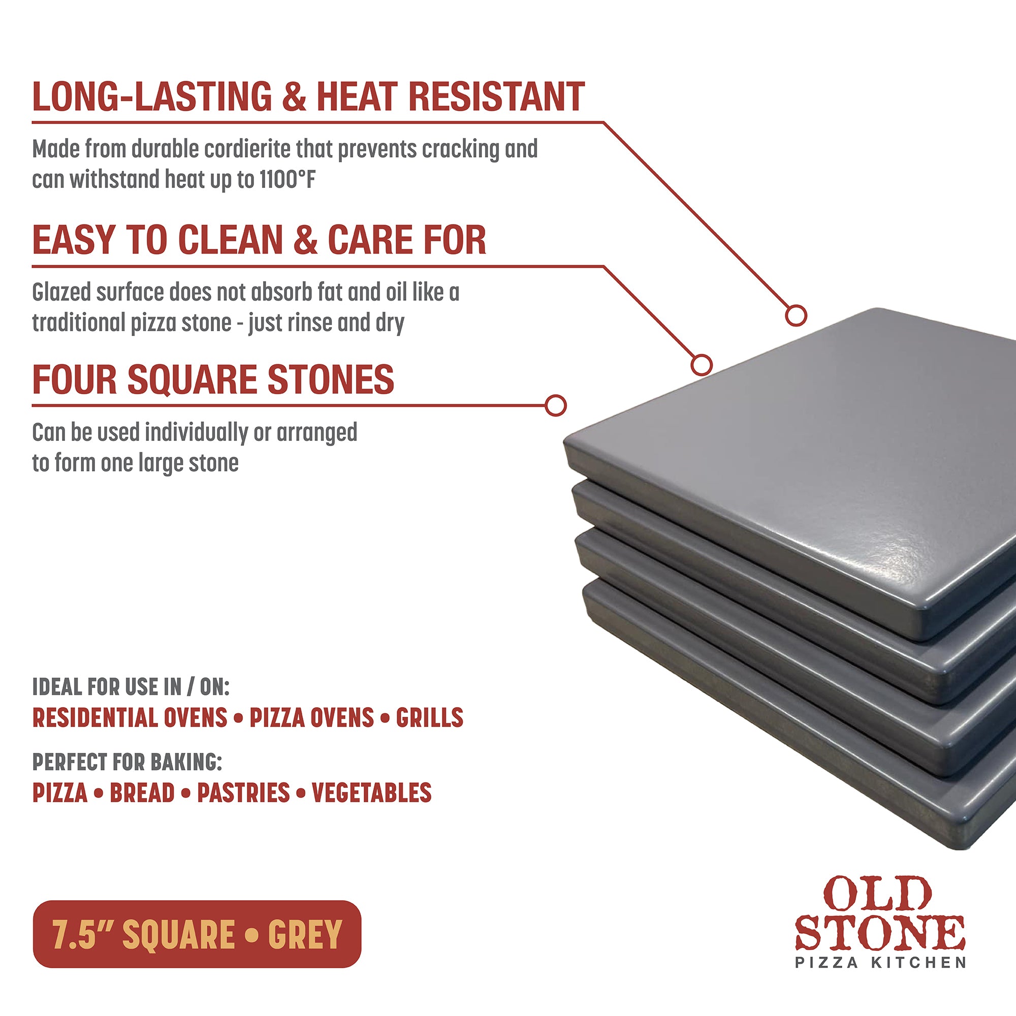 Glazed Cordierite Square Pizza Stone 4 Piece Set, 7.5x7.5-Inch, Grey