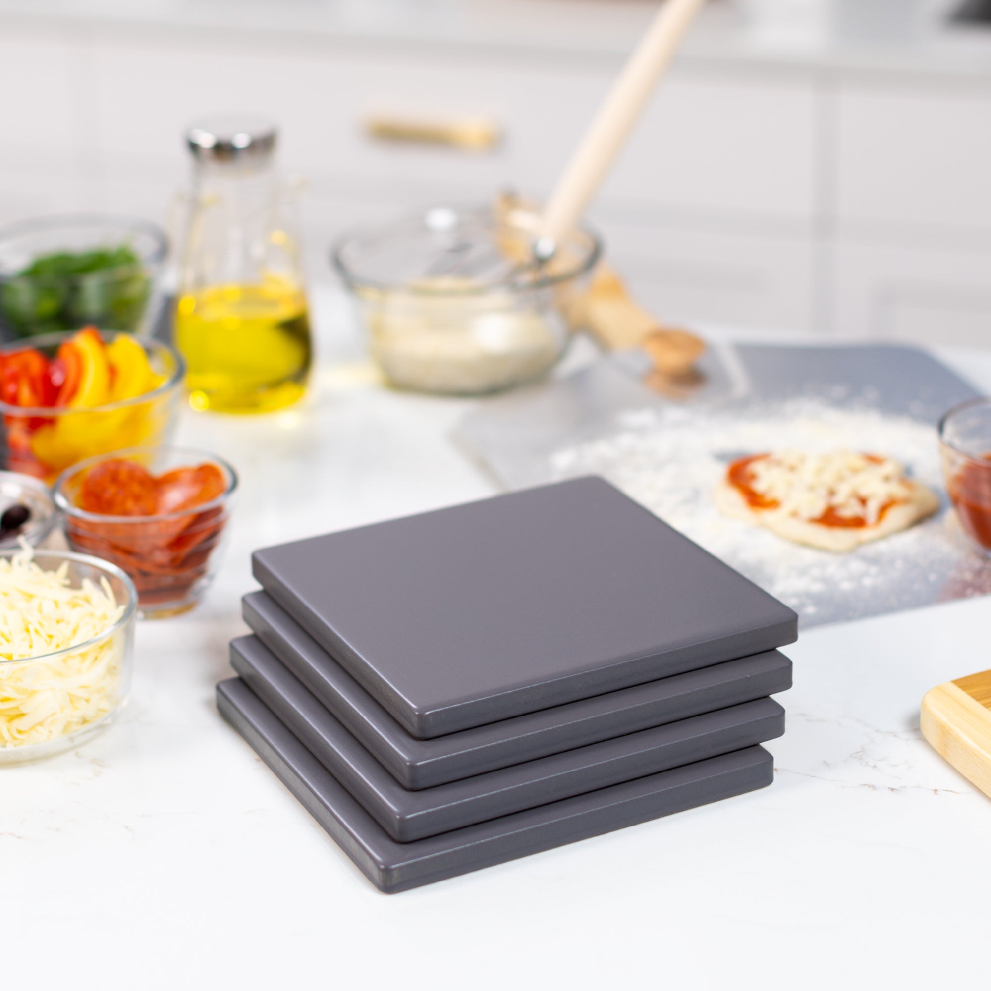 Glazed Cordierite Square Pizza Stone 4 Piece Set, 7.5x7.5-Inch, Grey