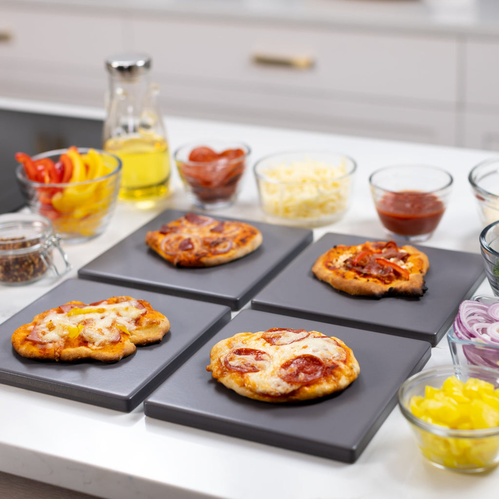 Glazed Cordierite Square Pizza Stone 4 Piece Set, 7.5x7.5-Inch, Grey