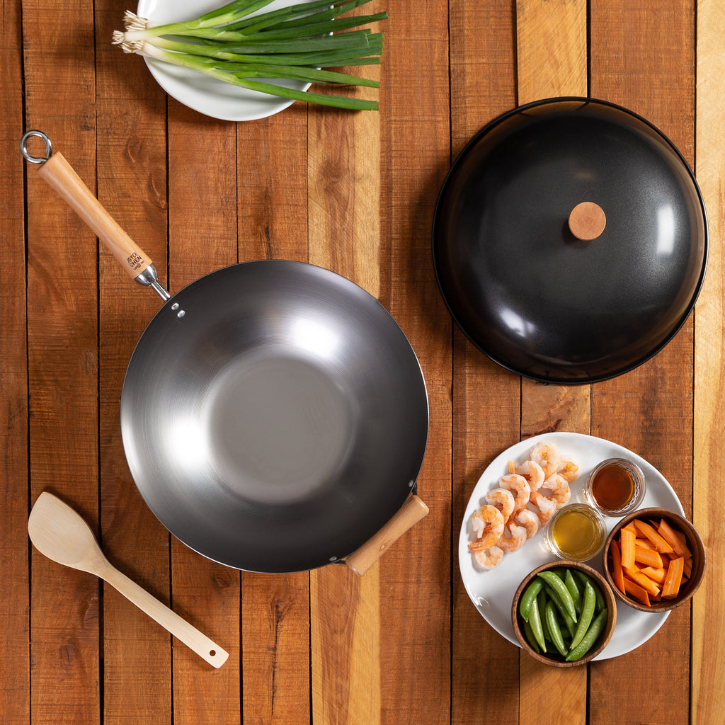 Classic Series 14-Inch Uncoated Carbon Steel Flat Bottom Wok Set with Lid and Birch Handles, 4 Pieces