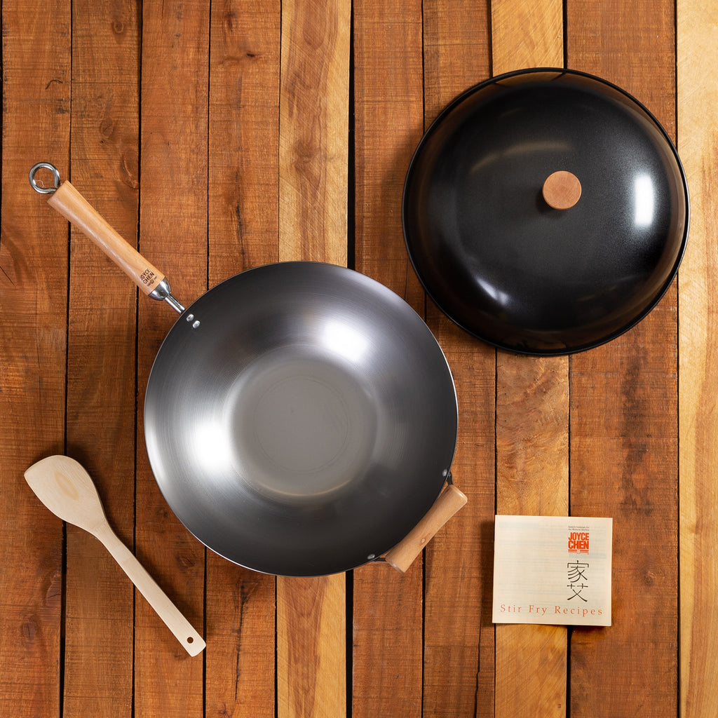 Classic Series 14-Inch Uncoated Carbon Steel Flat Bottom Wok Set with Lid and Birch Handles, 4 Pieces