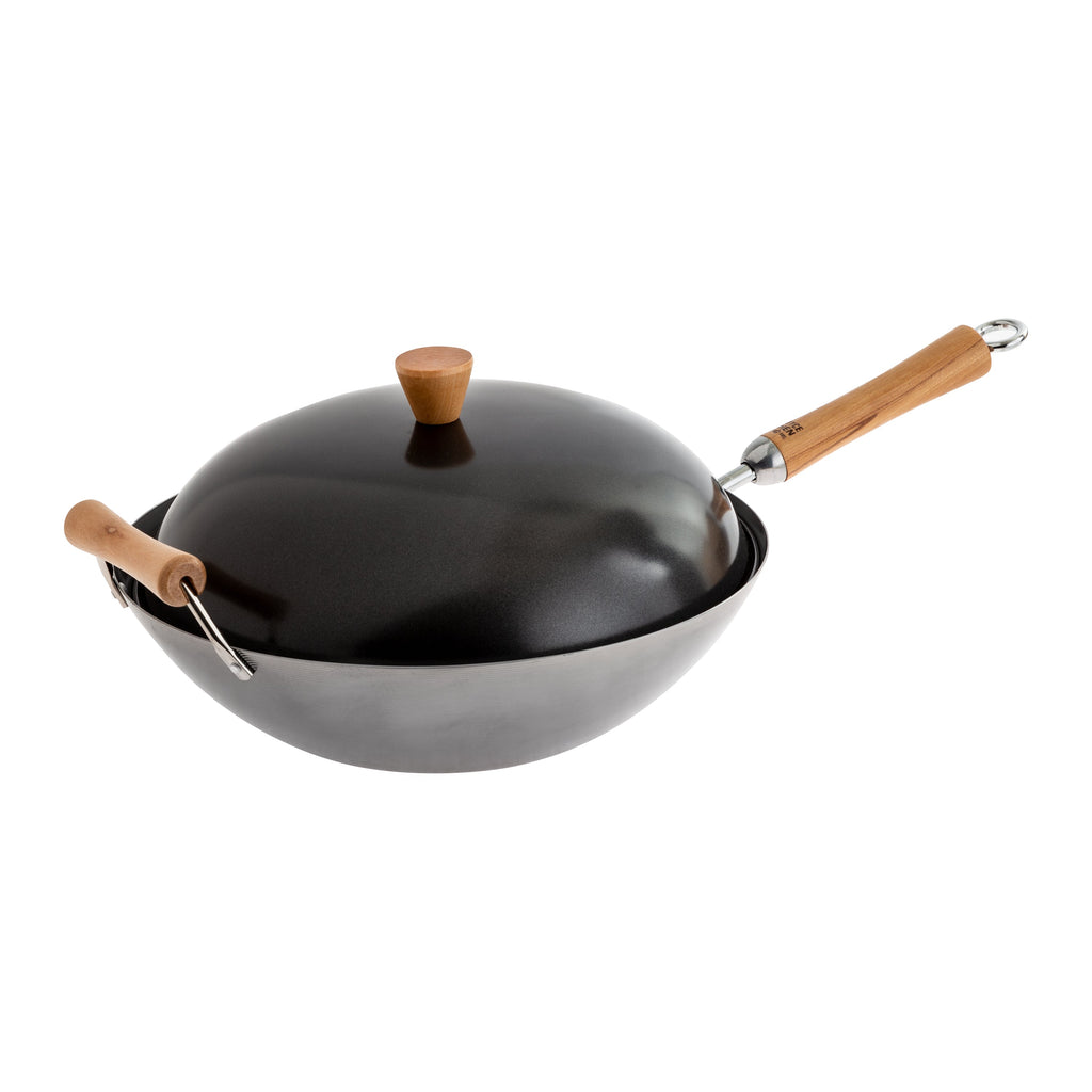 Classic Series 14-Inch Uncoated Carbon Steel Flat Bottom Wok Set with Lid and Birch Handles, 4 Pieces