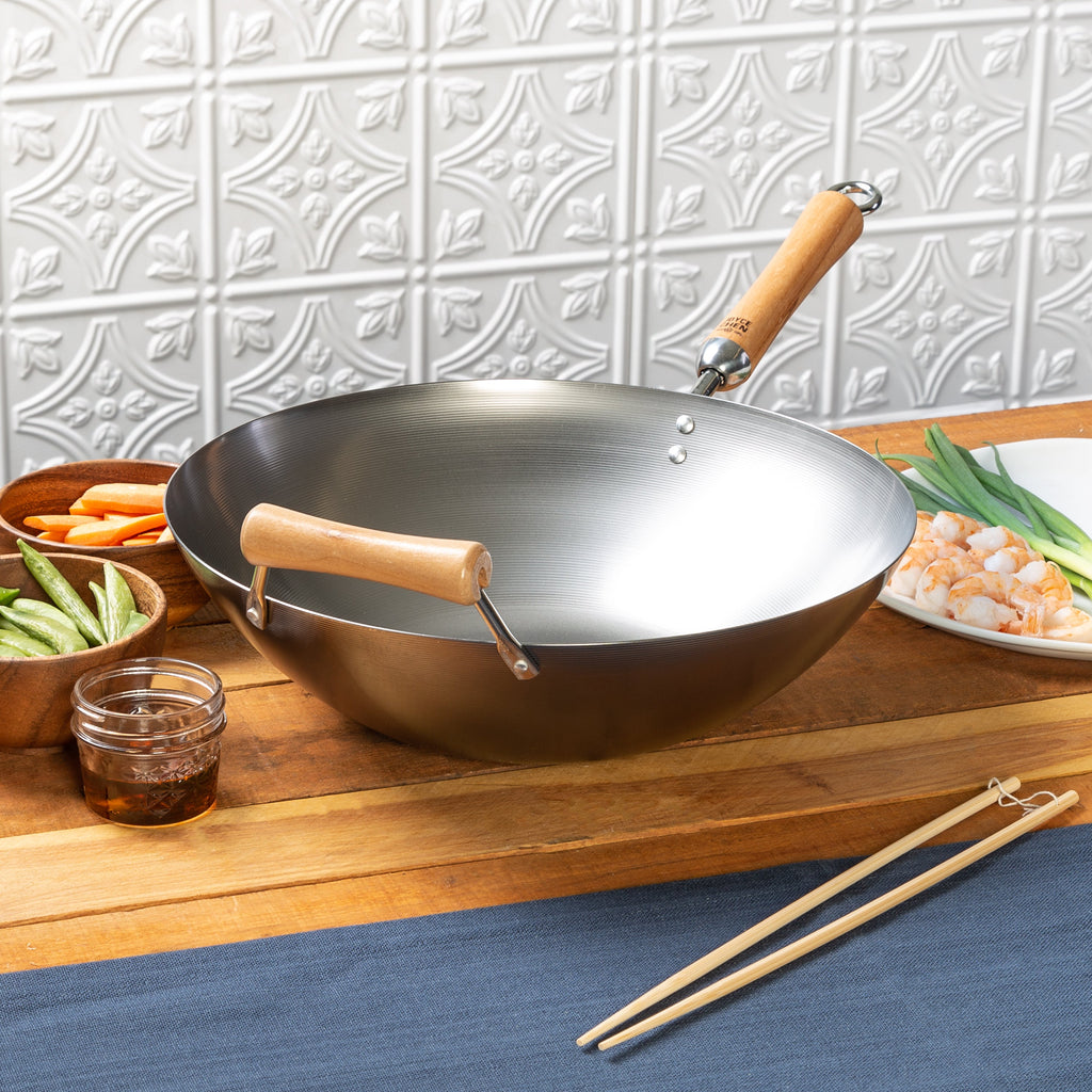Classic Series 14-Inch Carbon Steel Flat Bottom Wok with Birch Handles