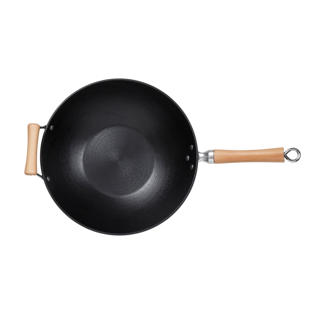 Professional Series 14-Inch Preseasoned Cast Iron Flat Bottom Wok with Maple Handle