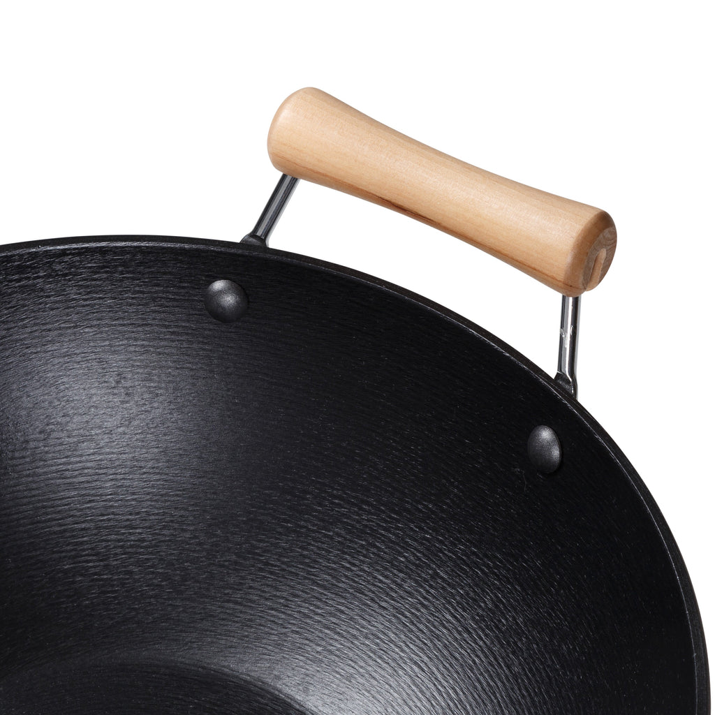 Professional Series 14-Inch Preseasoned Cast Iron Flat Bottom Wok with Maple Handle