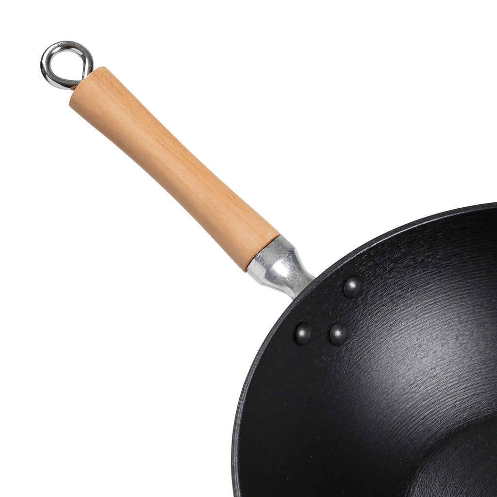 Professional Series 14-Inch Preseasoned Cast Iron Flat Bottom Wok with Maple Handle