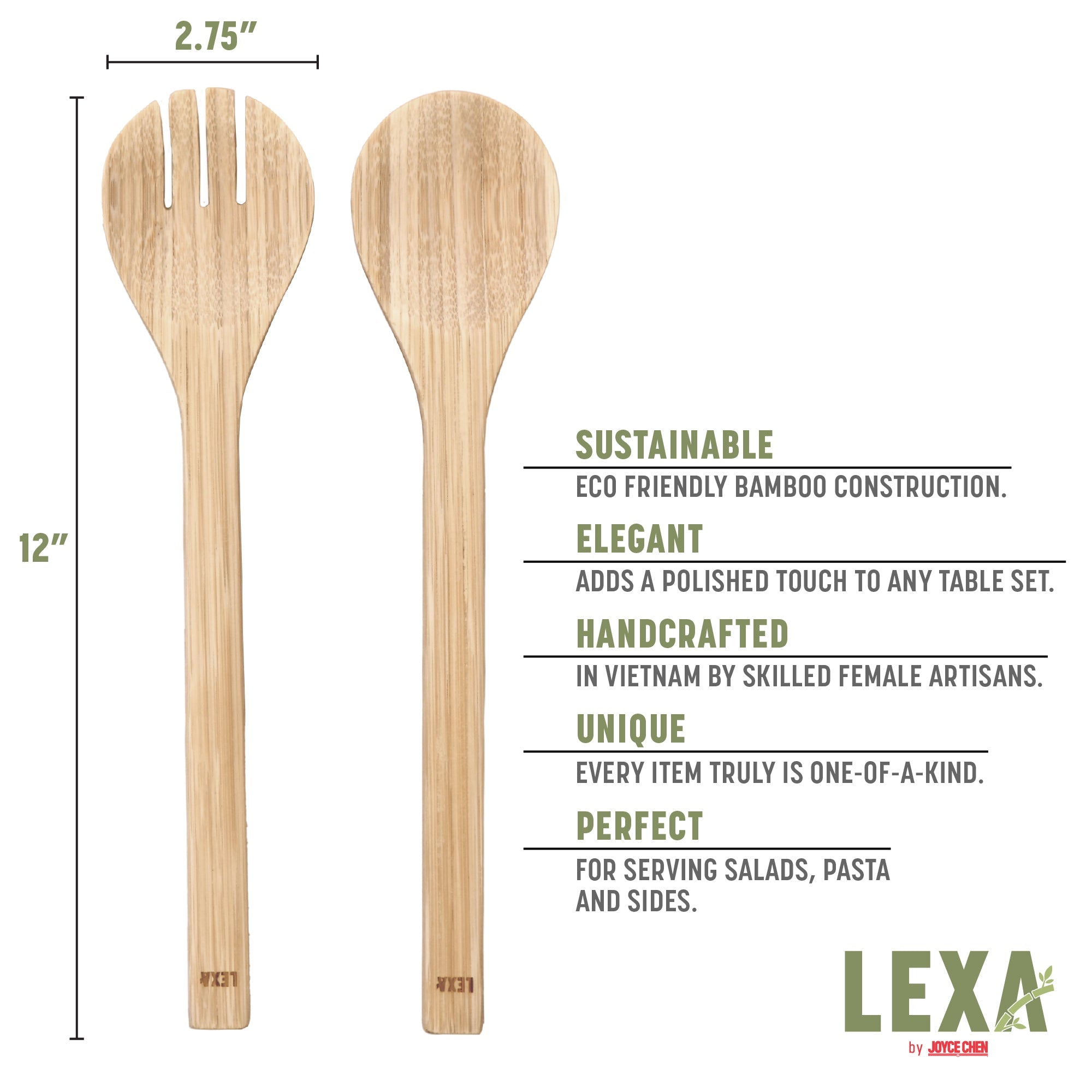 Lexa Bamboo Salad Utensil Set, 12 Inch, Natural Bamboo