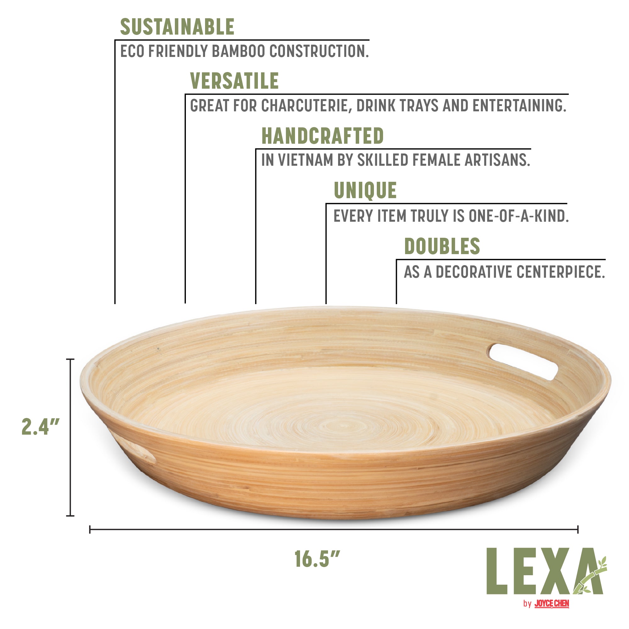 Lexa Bamboo Serving Tray w/ Handles, 16 Inch
