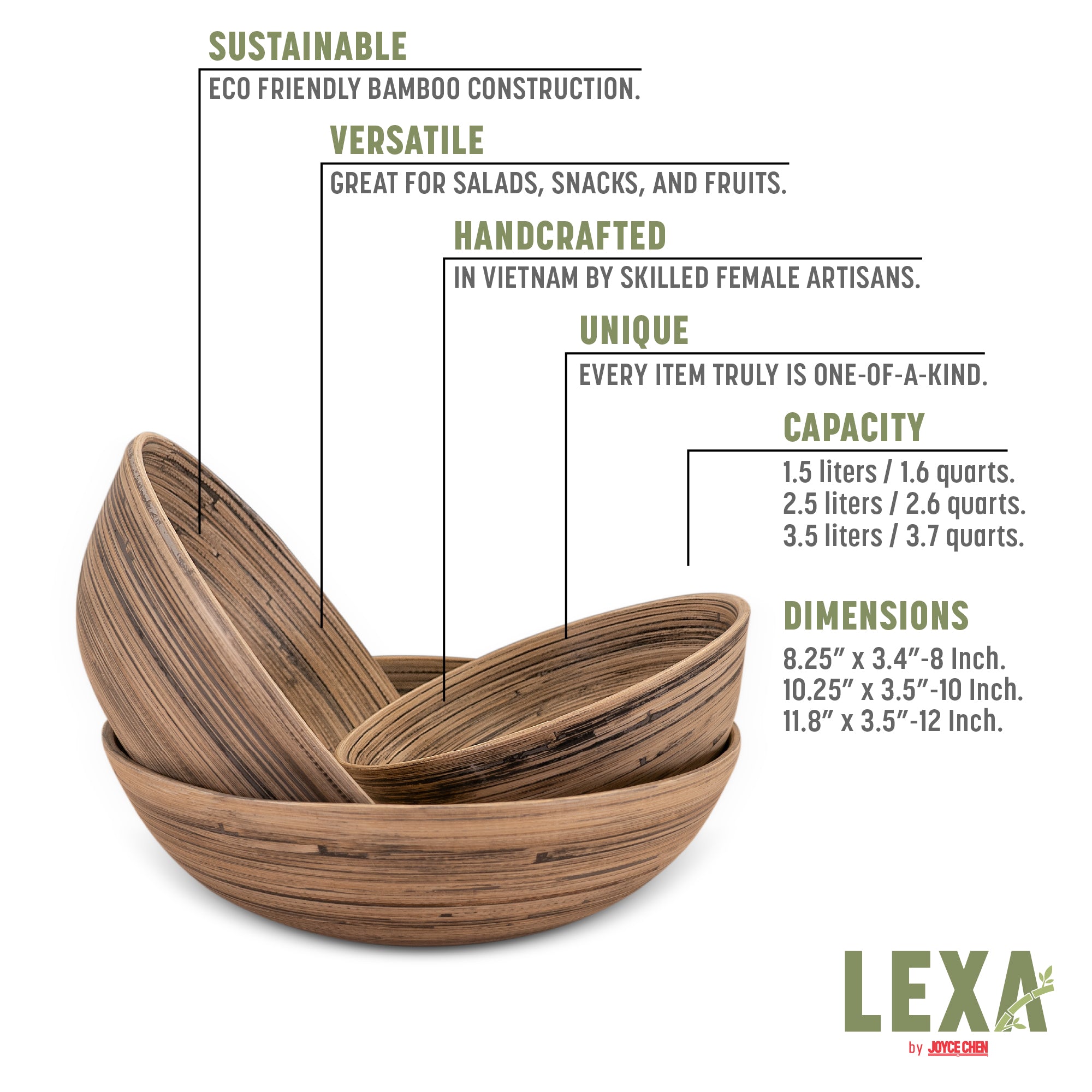 Lexa Bamboo 3-Piece Bowl Set, 12, 10, 8 Inch