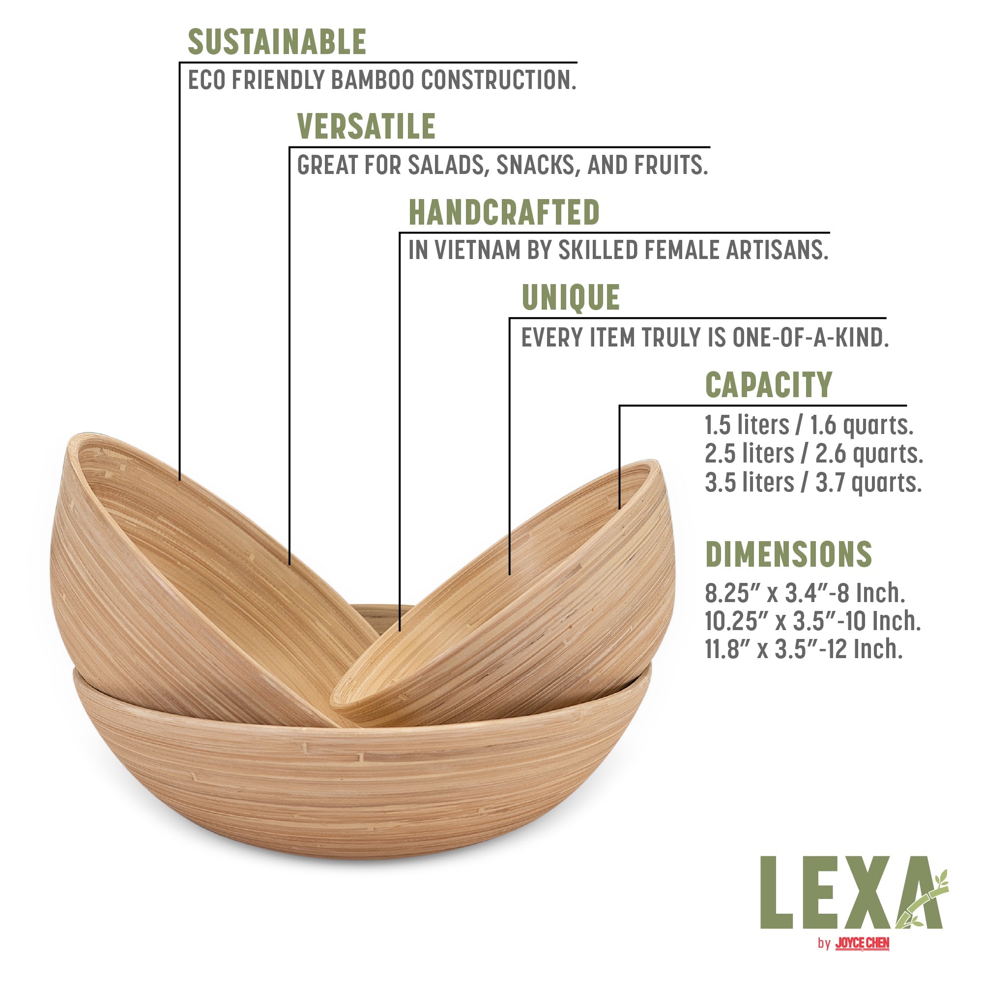 Lexa Bamboo 3-Piece Bowl Set, 12, 10, 8 Inch