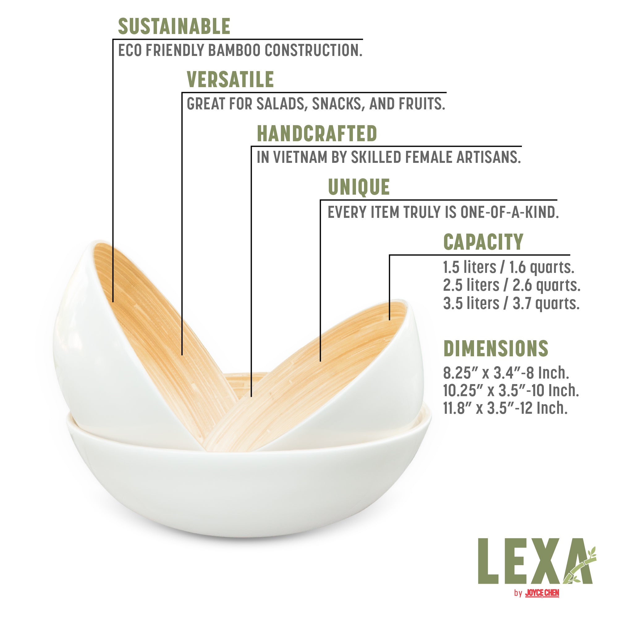 Lexa Bamboo 3-Piece Bowl Set, 12, 10, 8 Inch